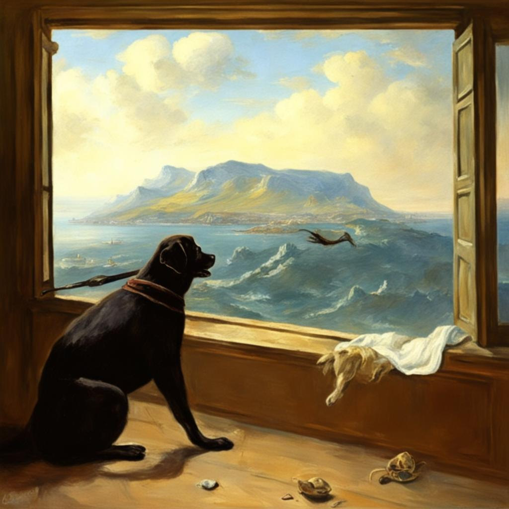 видимо, вор решил замаскироваться под прядь волос, летящую над волнами. А пёсель пристёгнут к створке окна, причём, судя по всему, пристёгнут за ухо