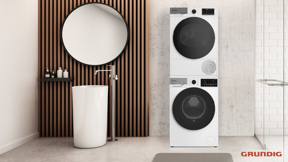 Стиральная Grundig GW7P77H21W и сушильная машины Grundig GT75824D в колонне
