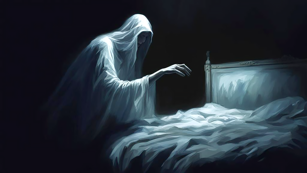 Рядом с кроватью в кромешной тьме кто-то есть.