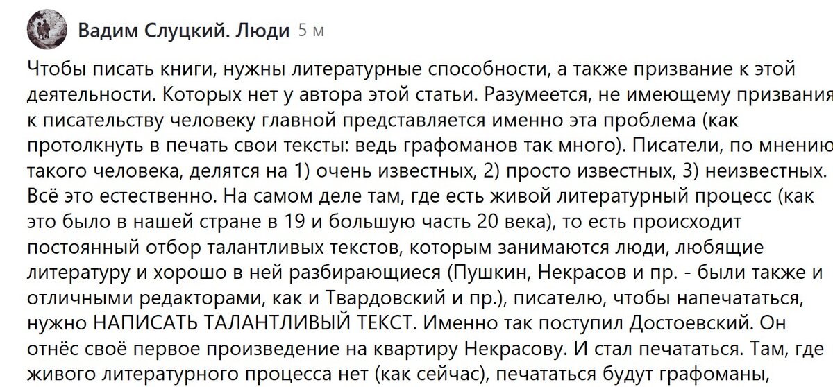 Скан комментария с канала автора "Писателю на заметку"