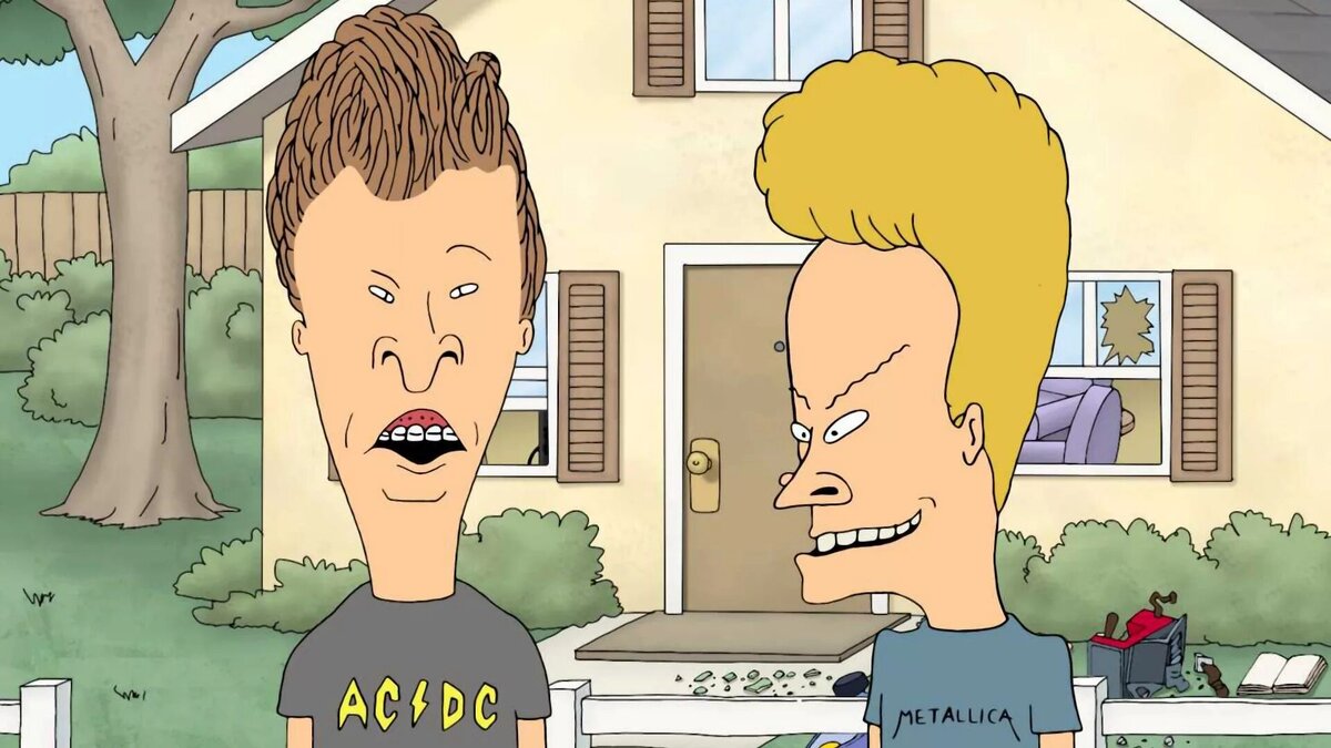 Бивис и Баттхед во всей красе - с логотипами "AC/DC" и "Metallica" на футболках