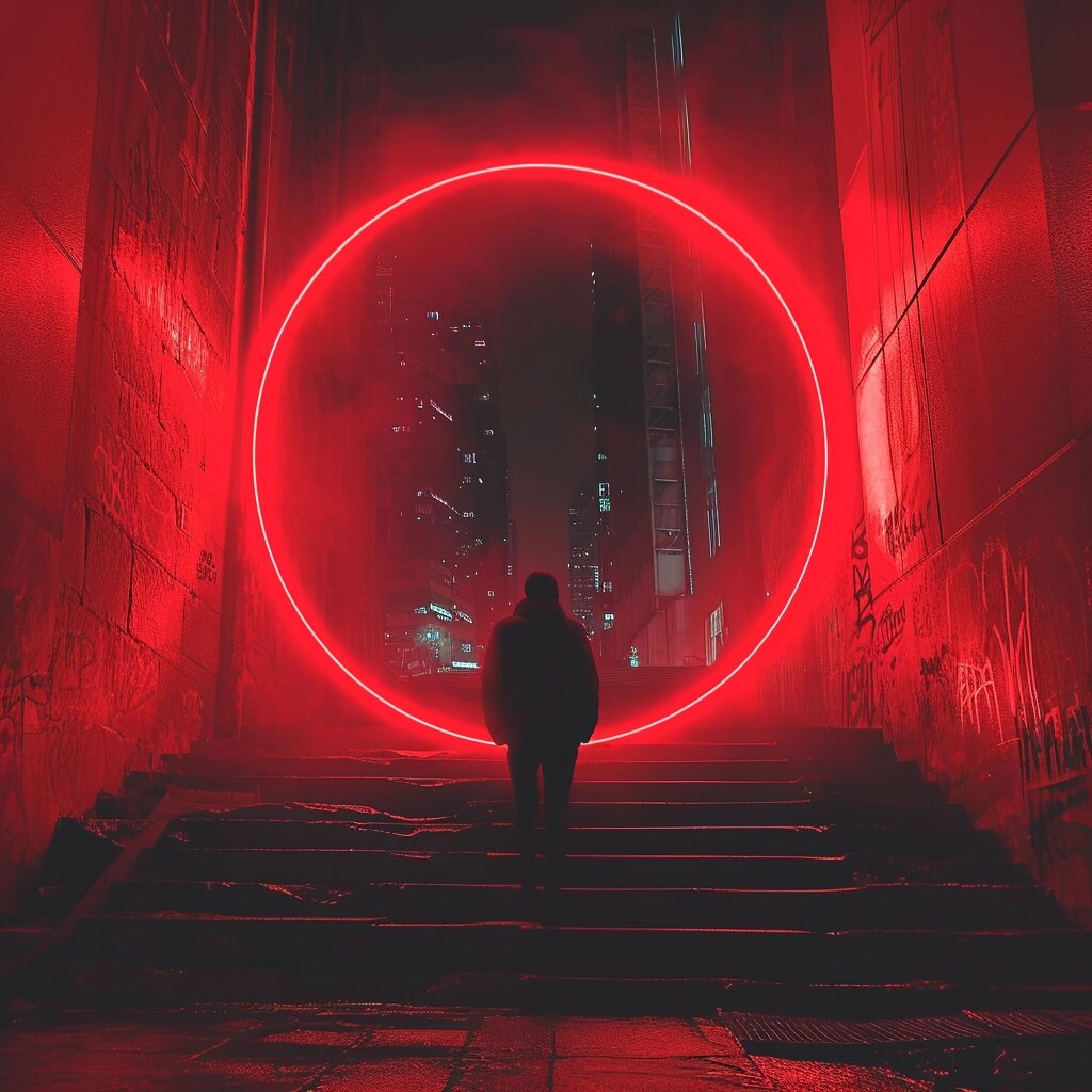 https://s.mj.run/z6JcHDuDkUU man walking into a red portal with a city in it, depressing --stylize 500 --iw 2 --v 6