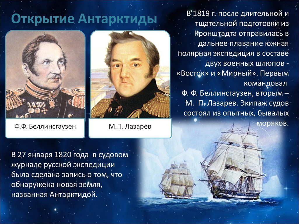 Экспедиция Лазарева и Беллинсгаузена открытие Антарктиды.