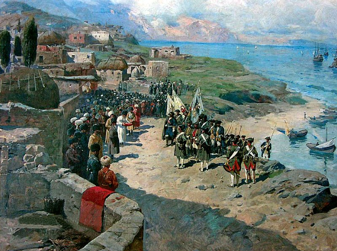 Вступление императора Петра I в Тарки на картине Франца Рубо