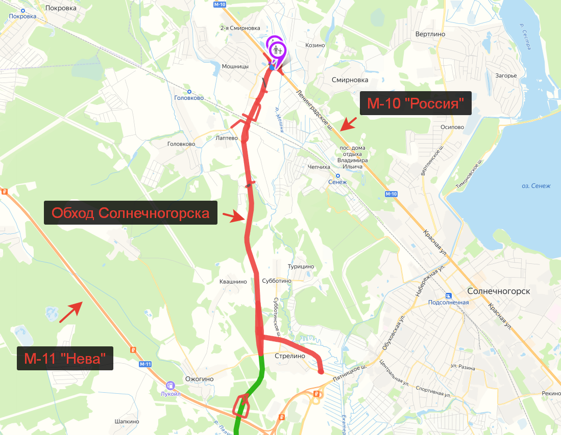 Трассировка обхода Солнечногорска на карте
