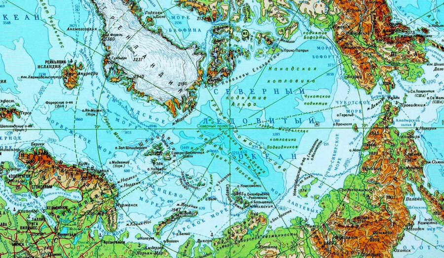 Физическая карта Северного Ледовитого океана. Посмотрите на светлые полосы : Вы увидите очертания северных берегов Евразии в до-потопные времена. В районе совр. Северного полюса указаны  срединно-океанические хребты (хребет Геккеля - продолжение Срединно-океанического Атлантического хребта) и поперечные разломы., долины и впадины. Можно предположить, что АРХИПЕЛАГ ОРИАНА так же, как материки Атлантида (страна холмов Муд), огромный равнинный материк Му-Маат в Тихом океане и огромный южный материк, совр Антарктида, был в ходе жестокой войны расколот на более мелкие части и погрузился в воды Северного океана, который через несколько столетий превратился в Северный Ледовитый океан.