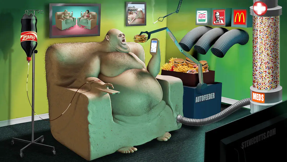 Типичный клиент компаний-производителей фастфуда. Неуёмное потребление вредной пищи с «инъекциями» колы и жизнь на медицинских препаратах.