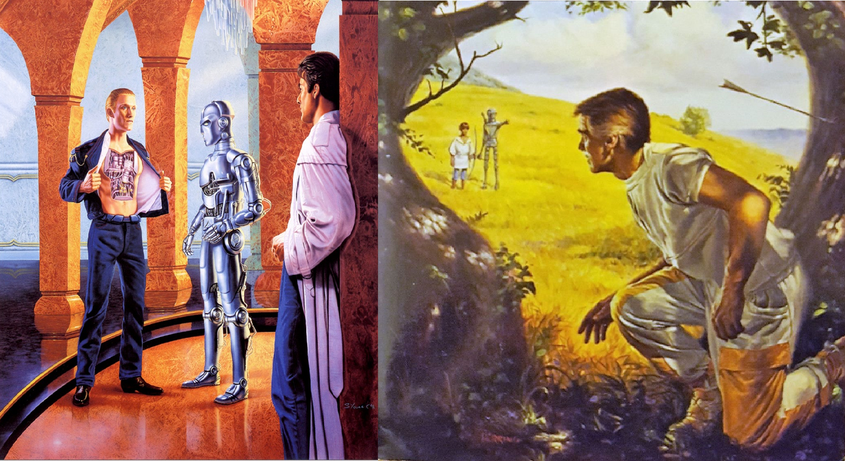 Иллюстрации к роману. Слева Бэйли вынужден раскрыть сущность Даниила перед одним из роботов. Справа Бэйли чудом избежал смерти от отравленной стрелы, выпущенной подростком-солярианином.