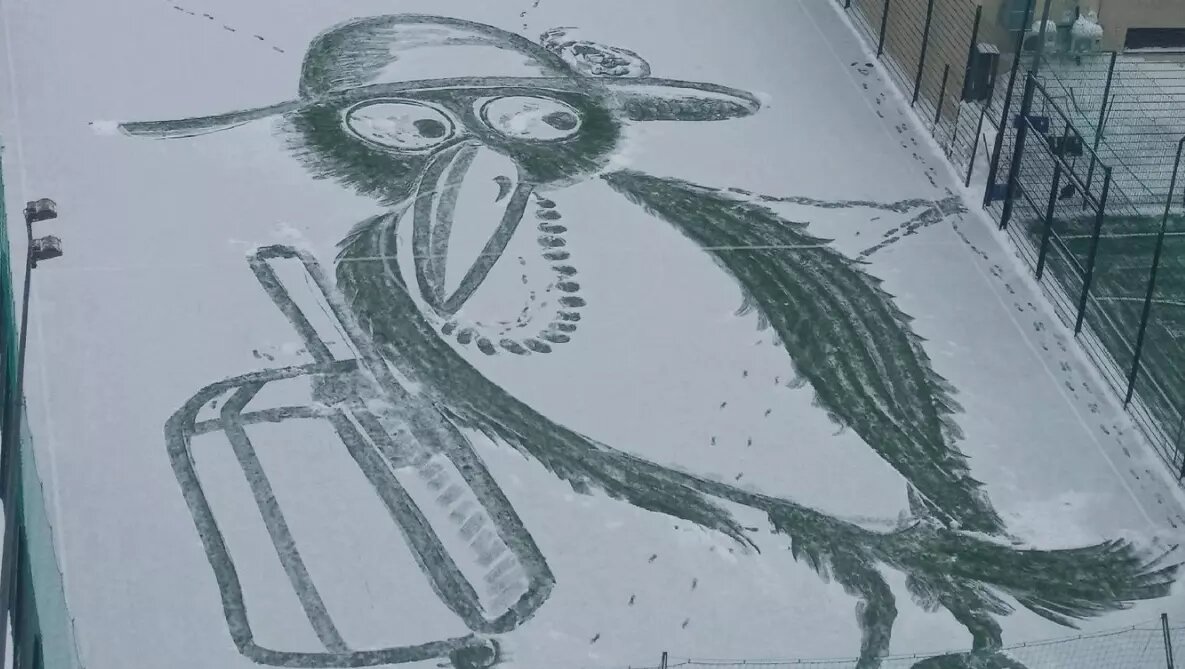     Огромная ворона с чемоданом появилась на заснеженном футбольном поле в Нижнем Новгороде. Ее нарисовал дворник, который неоднократно уже удивлял горожан своими работами.