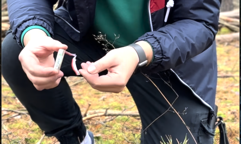 Прикладываем концы фольги к полюсам батарейки. 