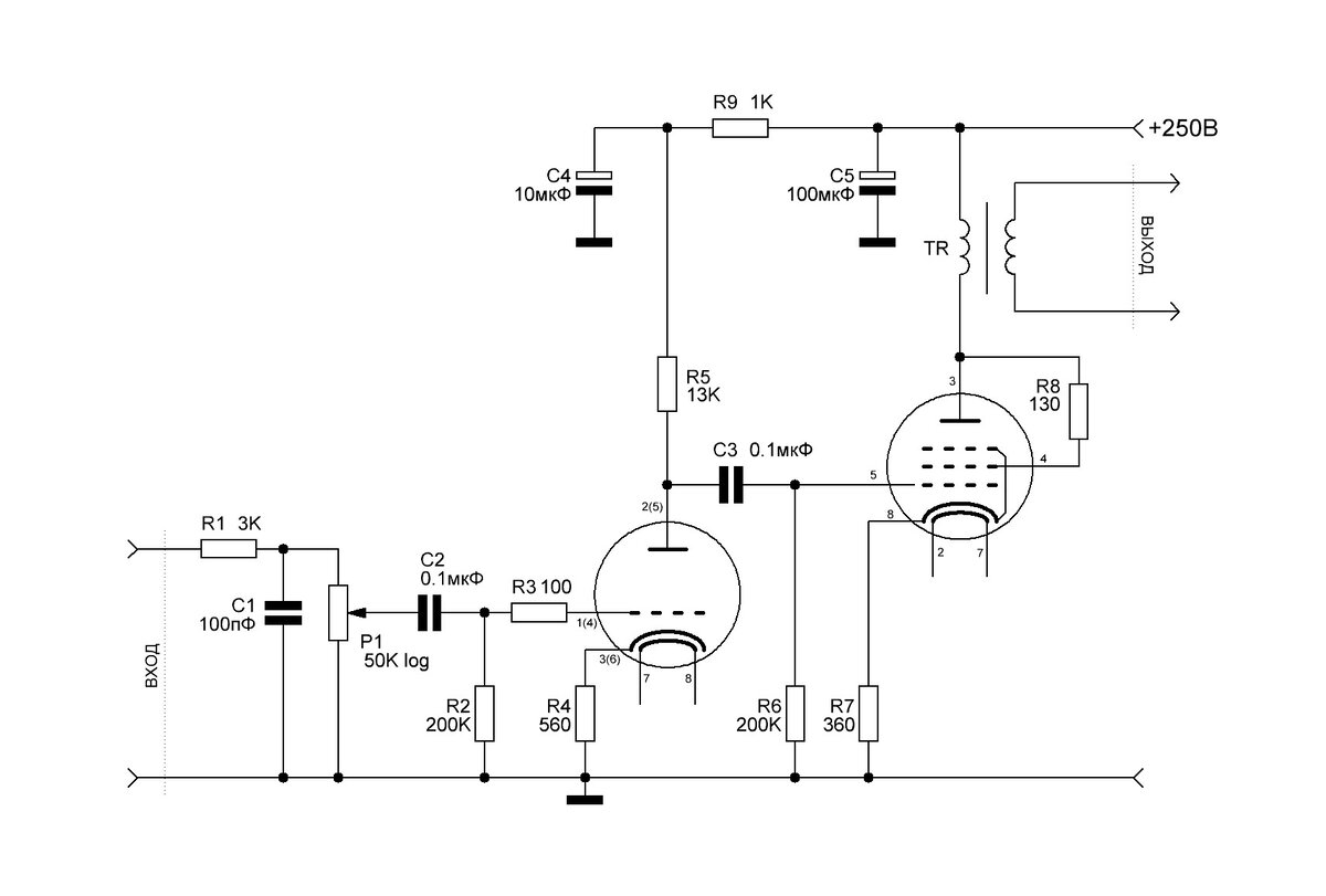 Схема однотактного усилителя на лампах 6Н8С и 6Ф6С. Включение 6Ф6С триодное.