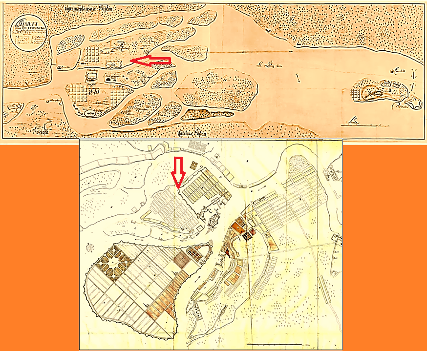 Вверху - шведская карта Петербурга 1708-го года со многими ныне исчезнувшими геокристаллами ("крепостями-звёздами"). Карта показывает "гиперборейский" вид с Севера, а не нынешний с юга. Стрелкой показан геокристалл Адмиралтейства, ещё не ушедший на треть в Неву, как на нижней также шведской карте 1722-го года. На этой карте стрелкой показан геокристалл в виде прямоугольника на Петербургском острове. Васильевский остров полностью представляет собой бастионный вид геокристалла, занявшего собой две части острова, разделённого так и теперь.
