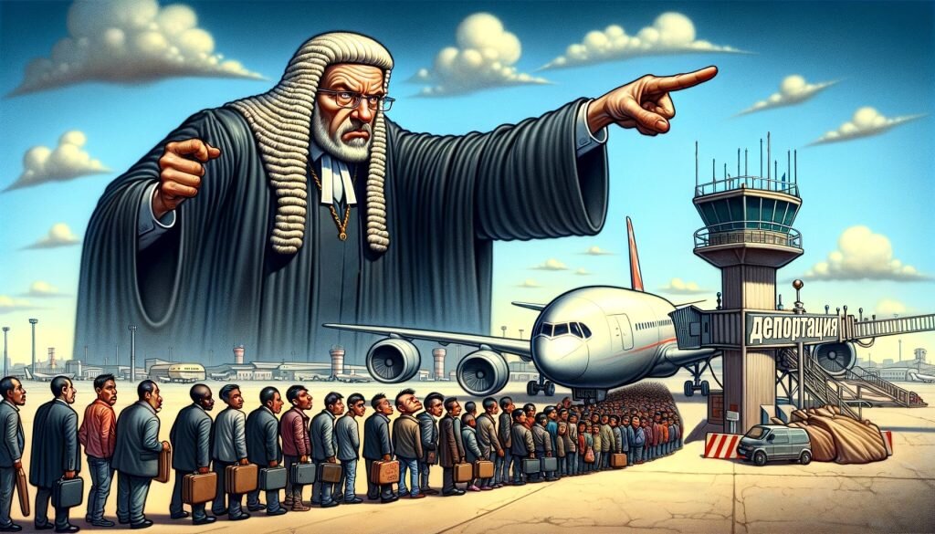 Депортация. Авторские права на карикатуру принадлежат медиагруппе "Хакнем" и защищены товарным знаком ®️