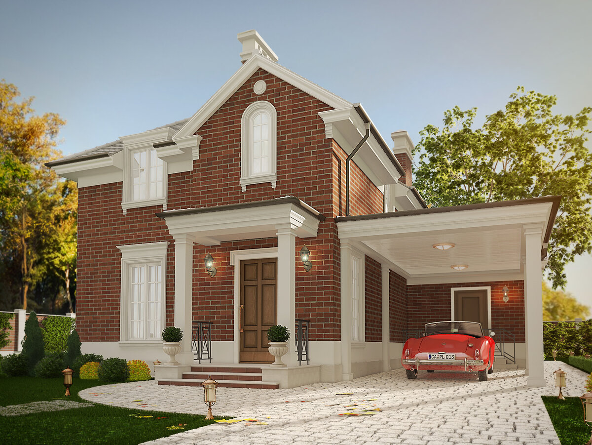 Элегантный английский кирпичный дом с навесом для машины