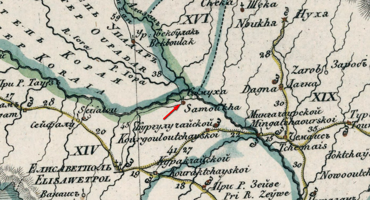 На фото (фрагмент): На фото: «Генеральная карта Грузии», 1829 г. // Источник: Генеральная карта Грузии [Электронный ресурс] Режим доступа: https://clck.ru/eS27e, свободный. — Загл. с экрана (дата обращения: 28.01.2024). — Яз. рус.