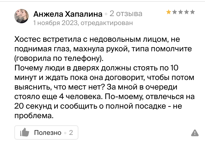 Вот типичный отзыв. Полезен ли он? Для владельца - безусловно, в ситуации стоит разобраться. Вдруг хостес болтала с подружкой, а не принимала бронь (хотя в любом случае важна подача информации и знака ожидающим). А вот для потенциальных клиентов - нет. Более того, это сильно снижает рейтинг. Что же делать?