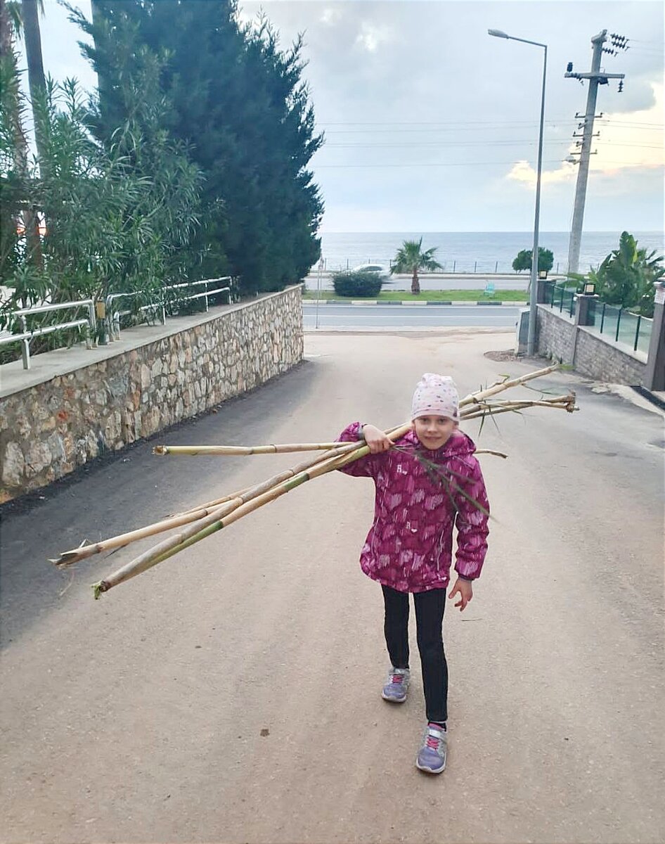 Карина, мы не повезем эти палки с собой, нас не пустят в самолёт! Они мне нужны, мы их сделаем короче и положим в чемодан. 
