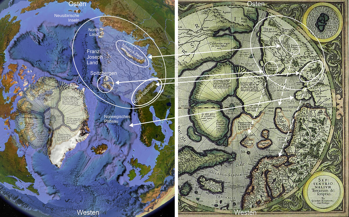 Карта дна современного Северного ледовитого океана с наложением на неё карты Меркатора. Часть Орианы Руссии находтся в круге около русских берегов. Кто ошибся: Меркатор, перерисовывая карту с более древних копий или современные реставраторы? Надо разбираться.