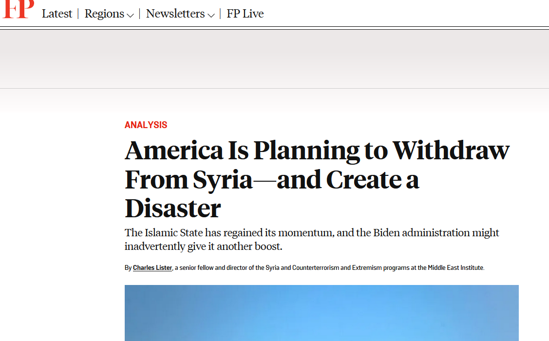 "Америка планирует уйти из Сирии и создать катастрофу, заверяет своих читателей автор этого опуса. Учитывая, что сами США и создали эту катастрофу, подобные заявления звучат, как заурядная пропаганда. А вот уйти всё равно придется. Скрин статьи в журнале Foreign Affairs