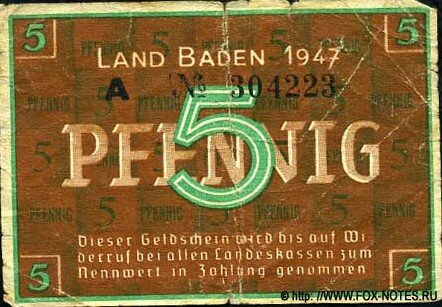 Дензнак, номиналом в 5 пфеннигов, 1947 год. Серия: "А" (чёрная). Шестизначный номер (чёрный). Земля Баден. Источник фото указан на изображении дензнака.