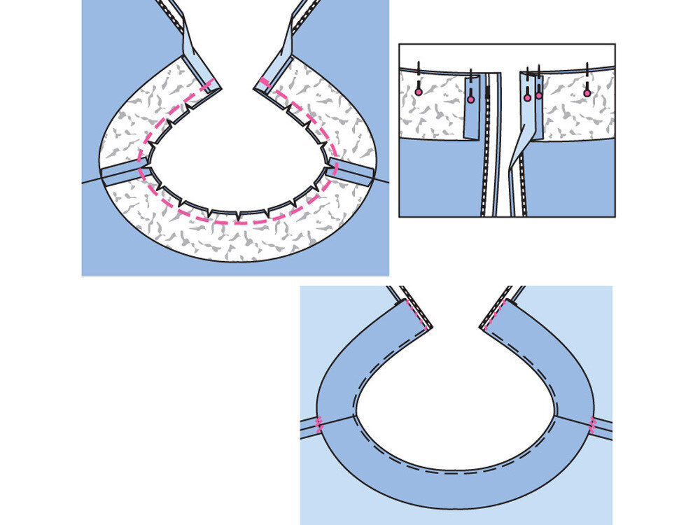 Красивые сборки на горловине. Как пришить горловину к платью. Обработка круглой горловины. Обработка среза горловины обтачкой. Воротник с обтачкой горловины.