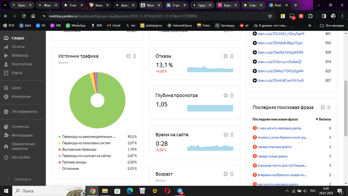 источник трафика в том же ноябре 2023 года - видно, что дзен рекомендовал мой контент