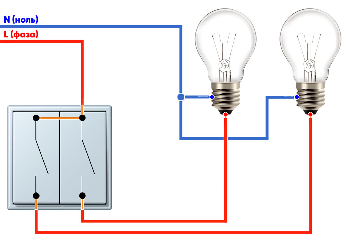 Двухклавишный выключатель на 2 лампочки – это электрическое устройство, которое позволяет управлять двумя лампочками из разных мест.-2