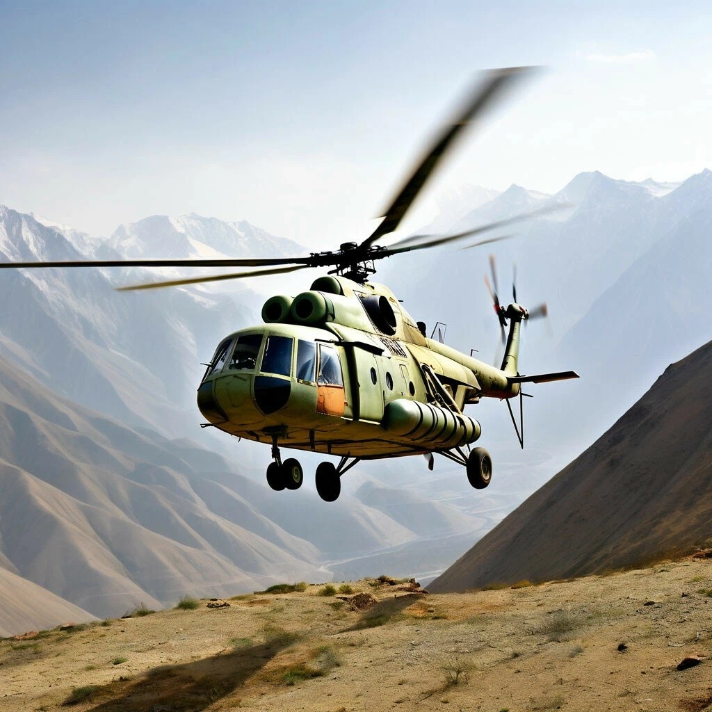 Вертолет заходит на посадку высоко в горах.