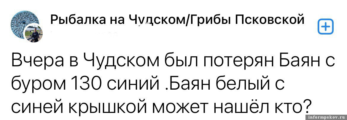 Рыбаки ищут потерянный на Чудском озере баян. Скриншот из группы «Рыбалка на Чудском/Грибы Псковской» в соцсети «ВКонтакте»