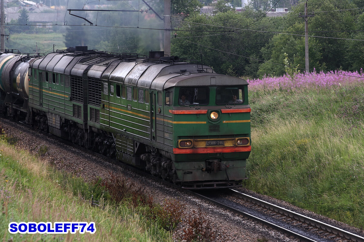  Тепловоз 2ТЭ116-246 с грузовым поездом. Перегон Волоколамск - Благовещенское Московской железной дороги. Июль 2006 года. Да, когда-то "фантомасы" были зелёными, кто бы мог подумать.