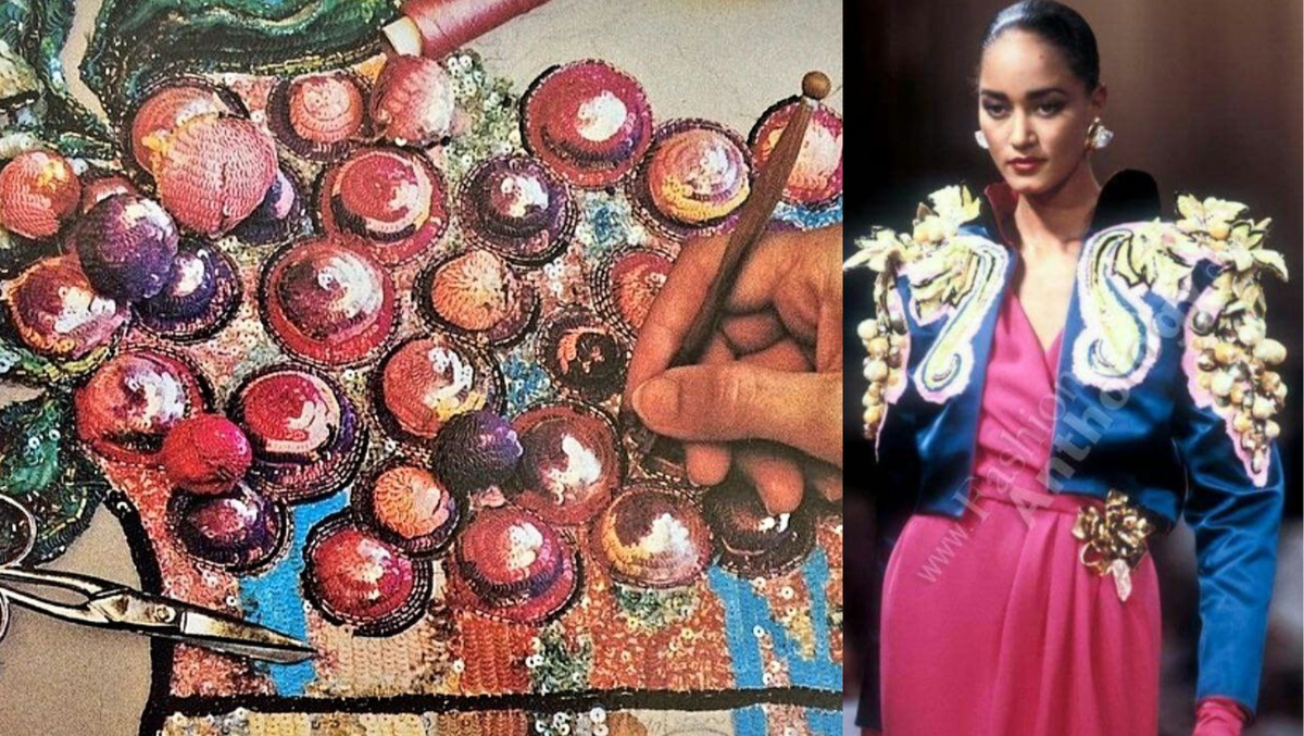 Виноград вышитый в плоскости и в объеме для коллекции Ив Сен-Лорана