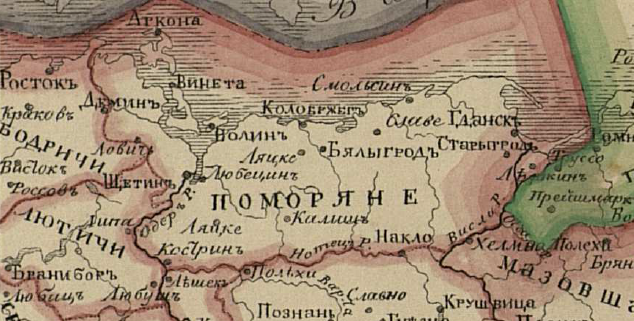 Поморяне на карте. Источник: Исторический Атлас Н. Павлищева, издания 1845 года.