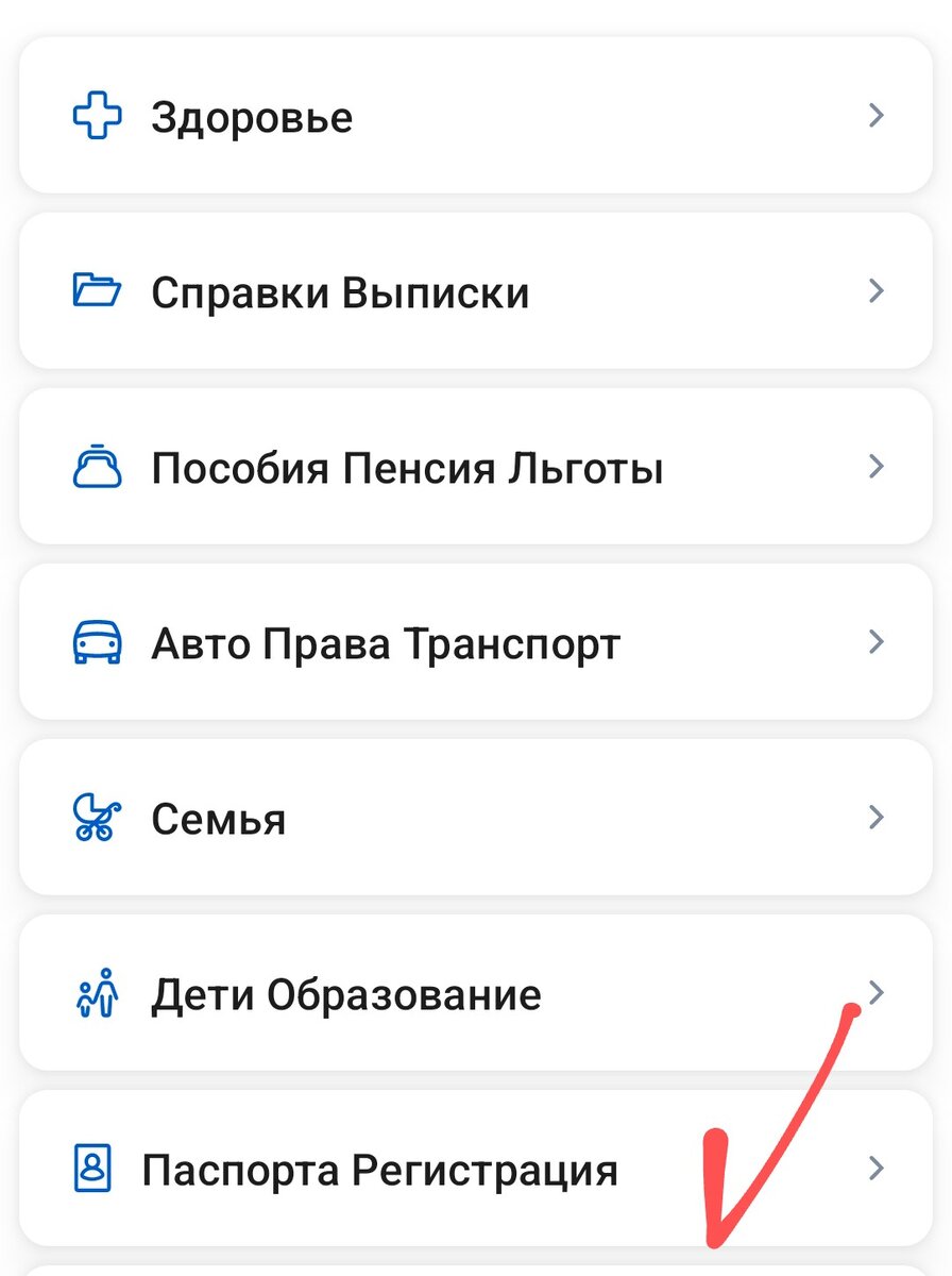 Личный кабинет Госуслуг. Раздел "Услуги", пункт "Паспорта Регистрация"