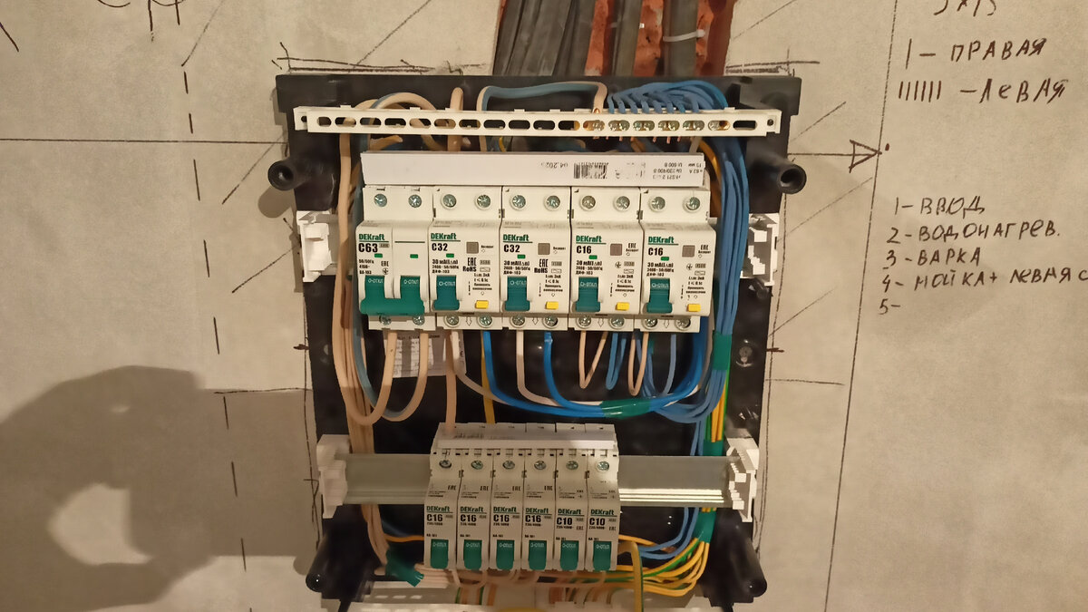 Мой недавний щит, просто на оценку. Все провода подписаны. Единственное, что самому не понравилось — это то, что кончились стяжки и пришлось укладывать провода изолентой.