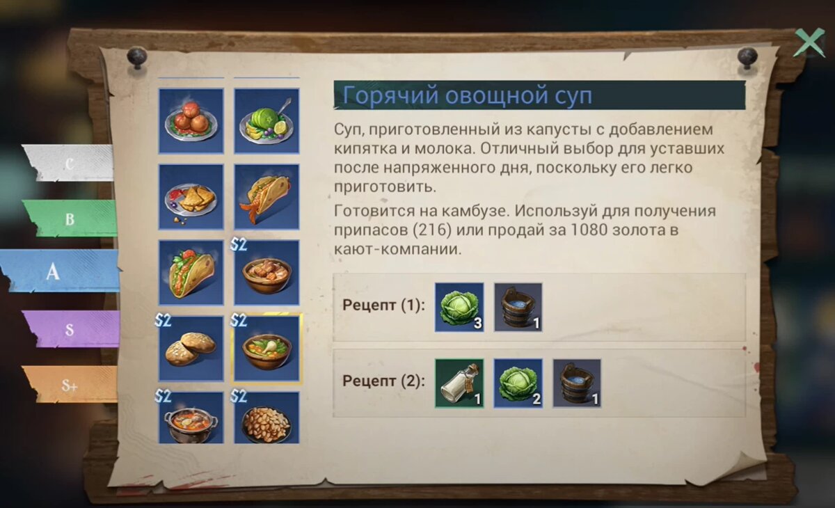 Рецепты в игре sea of conquest блюд