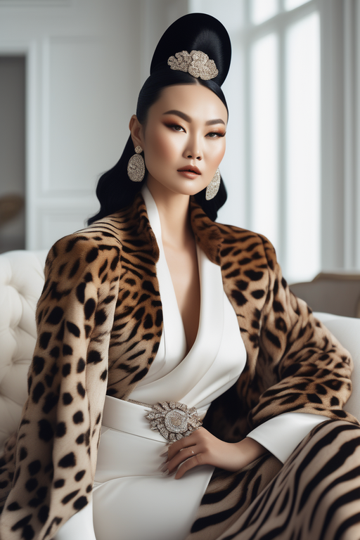 A candid photo of an eccentric artistic modern mongolian woman in modern haute couture, posing in a white modern living room, animal print fashion, black and brown pastel colors, 35mm photography --ar 2:3