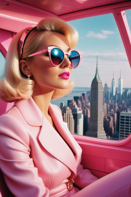 a photo of a retro glamorous blonde woman sitting in a pink Barbie helicopter, makeup, big glasses, luxury, enjoying window views of new york skyline, sixties aesthetic, pink vivid pastel colors, 35 mm fuji color film --ar 2:3