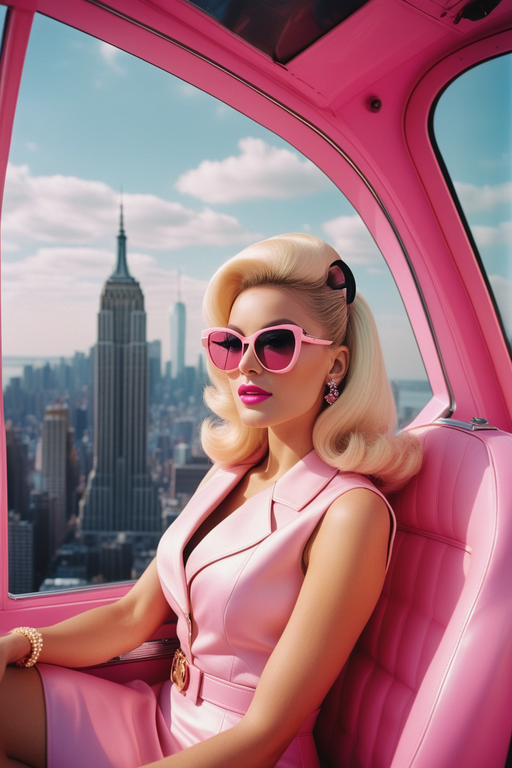 a photo of a retro glamorous blonde woman sitting in a pink Barbie helicopter, makeup, big glasses, luxury, enjoying window views of new york skyline, sixties aesthetic, pink vivid pastel colors, 35 mm fuji color film --ar 2:3