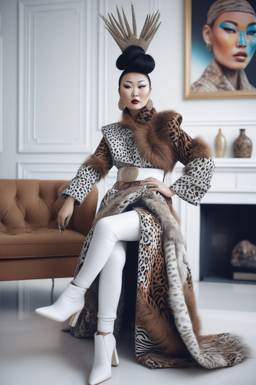 A candid photo of an eccentric artistic modern mongolian woman in modern haute couture, posing in a white modern living room, animal print fashion, black and brown pastel colors, 35mm photography --ar 2:3