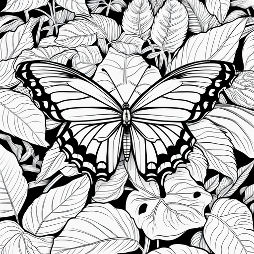 B/w outline art for kids coloring book page, full white,white background, only use outline, line art, coloring book, Blue morpho butterfly in the jungle of Peru , close-up, small details