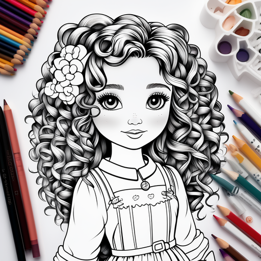B/w outline art for kids coloring book page, full white, white background, only use outline, line art, Clear, precise lines, high quality, coloring book, cute doll girl with long curly hair, full body