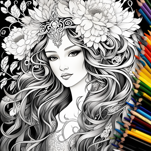 B/w outline art for kids coloring book page, full white, white background, only use outline, line art, Clear, precise lines, high quality, coloring book, a dragon lady, with long flowing hair and elaborate golden ornaments, surrounded by vibrant blossoms and greenery, with a mastery of light and shadow, in the style of Gustav Klimt