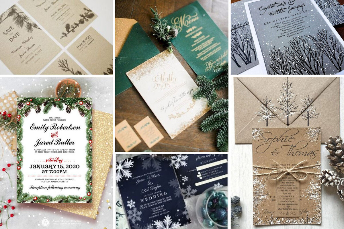 В набор приглашений включите элементы торжества - декоративные снежинки, заснеженные ветви ели и шишки - чтобы придать ощущение зимы