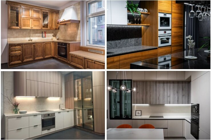 Кухни ВЕНЕЦИЯ (массив), МОДЕНА (МДФ+шпон), ЛАЙН-ДУЭТ (МДФ+ПХ), СОФТ-СИНГЛ (ЛДСП). Фото в салонах и шоуруме 