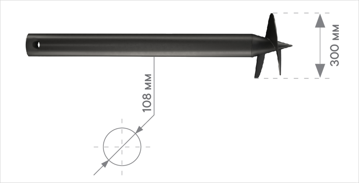 Винтовая свая диаметром 108 мм. В нижнем конце сваи находятся наконечник с лопастью (реже — с двумя), в верхнем — два монтажных отверстия. Внутри свая полая