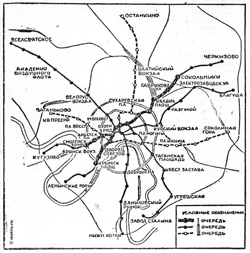 Перспективная схема развития Московского метро в 1932 году. Обратите внимание, по какой трассе шла линия после "Таганской площади". С сайта www.metro.ru.