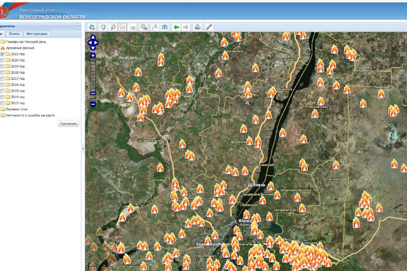    Детектирование пожаров в регионе на картографическом ресурсе «Атлас Волгоградской области»