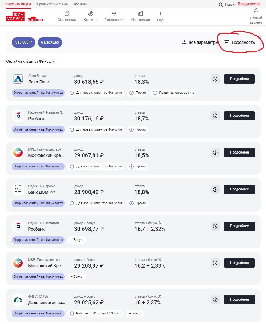 Выбор вклада с сортировкой по доходности