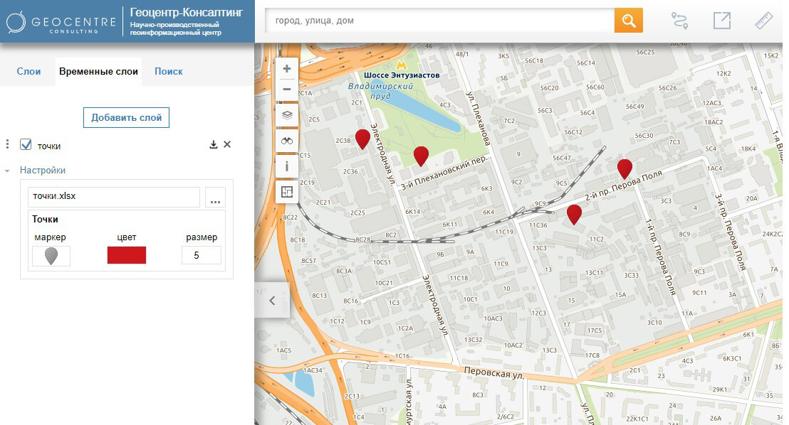 Результат работы сервиса прямого геокодирования на геопортале RuMap.ru