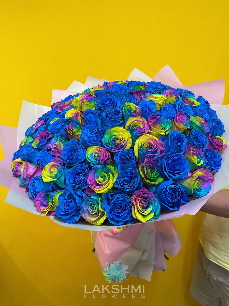 101 роза синие и радужные микс. Сорт Mondial.